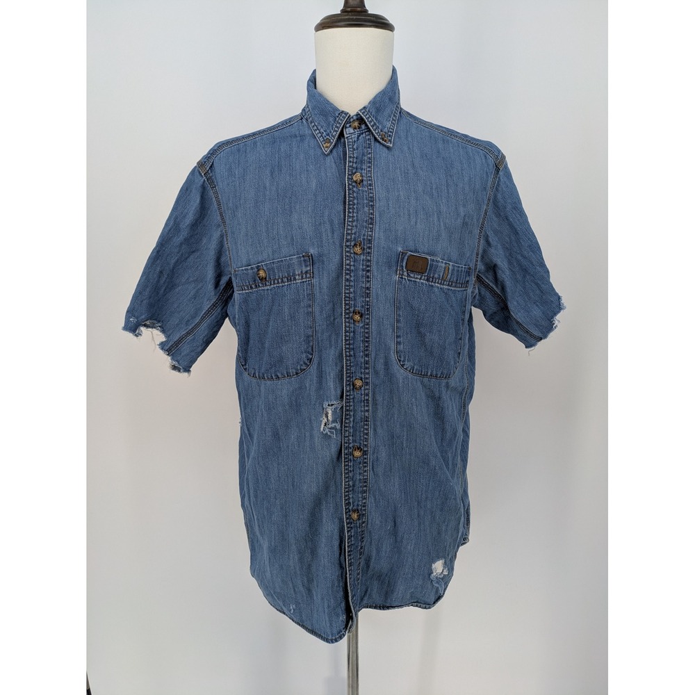 Wrangler Riggs Workwear Shirt Mens Large Denim Distressed Gorpcore Thrashed VTG